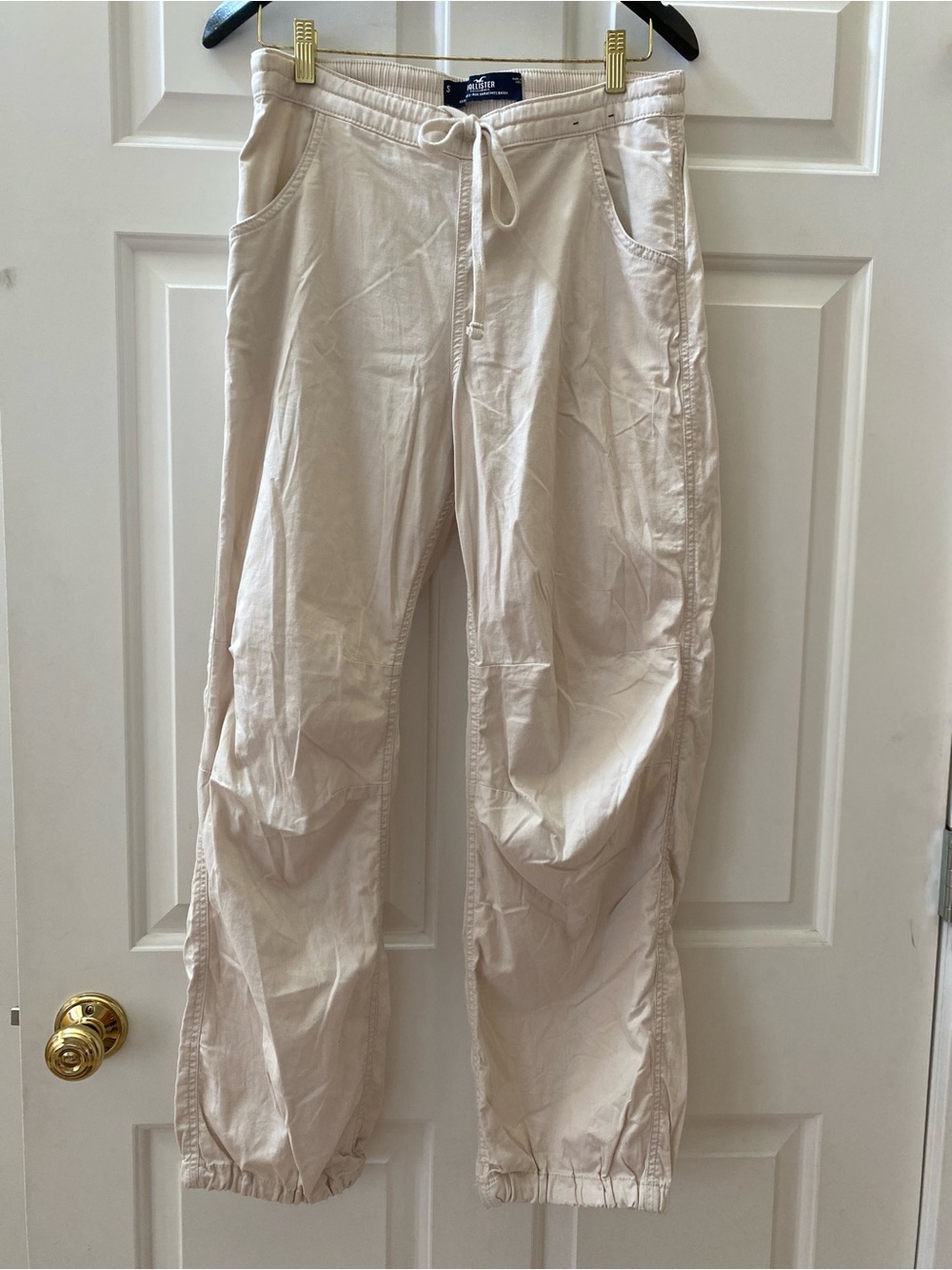 Hollister Baggy Cotton-Blend Pants Cream Drawstring Baggy Parachute Pants Sm Y2K